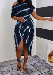 Tie Dye Print Ruched Slit Casual Dress