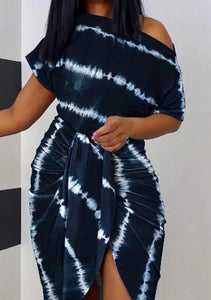 Tie Dye Print Ruched Slit Casual Dress